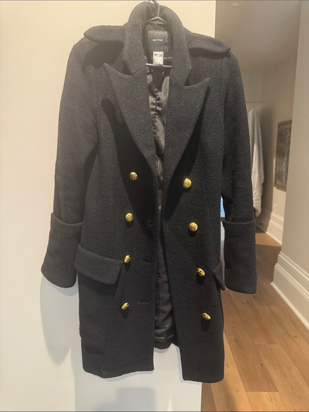 Smythe Black Double-Breasted Wool Pea Coat with Gold Buttons